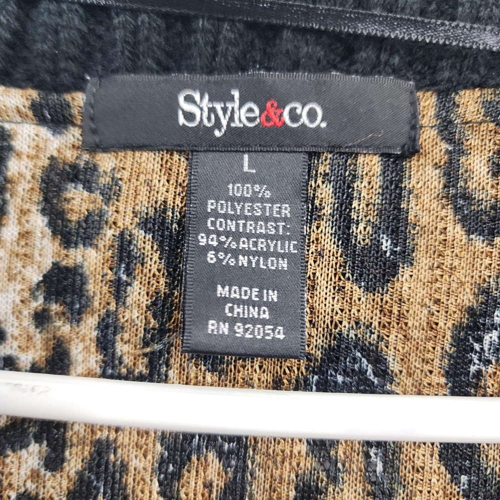 Style&Co Sweater Vest Womens L Brown Black Animal Print Fuzzy Knit Shawl Collar - Picture 4 of 8